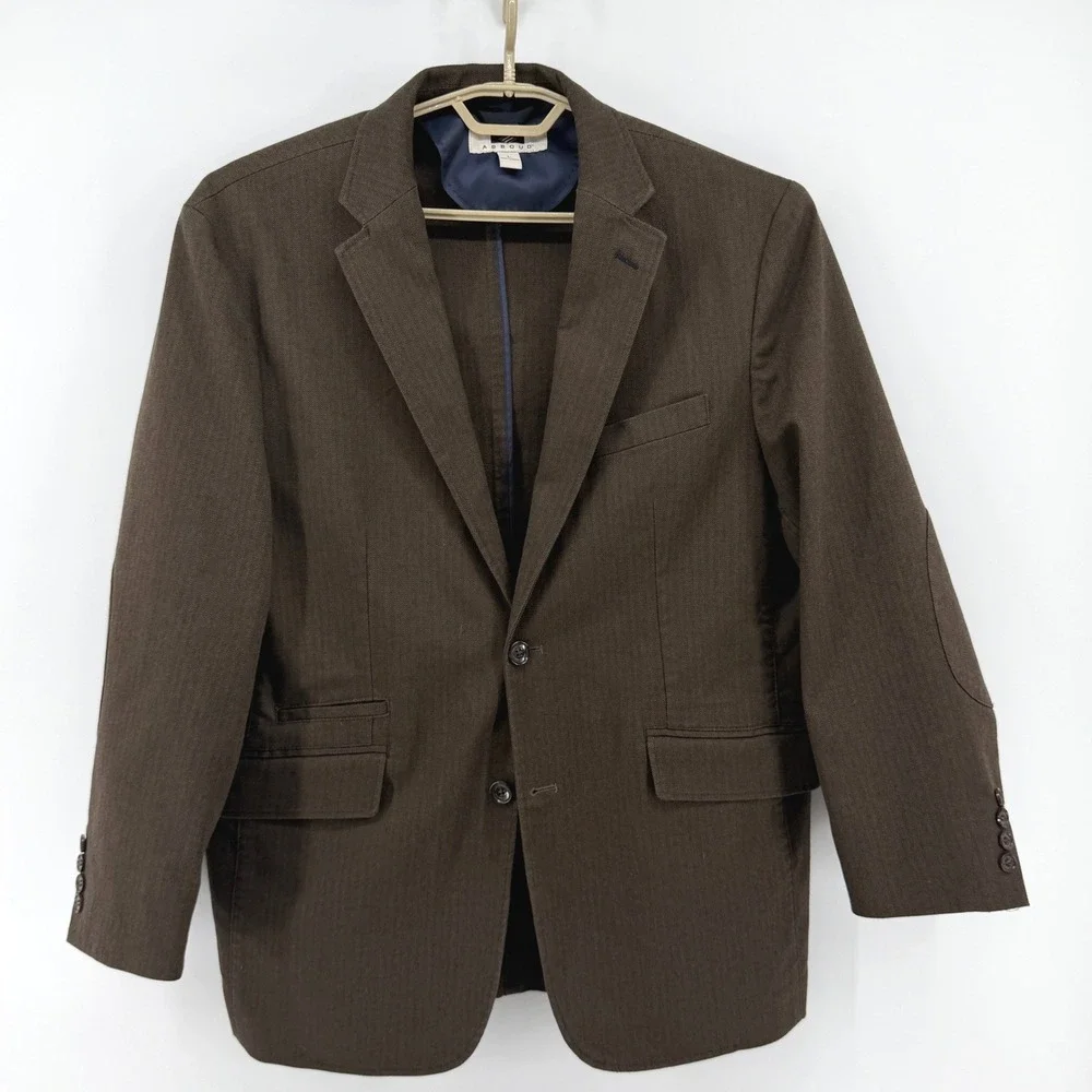 Joseph Abboud Mens L Brown Herringbone Unlined Blazer Sport Coat Elbow Patches
